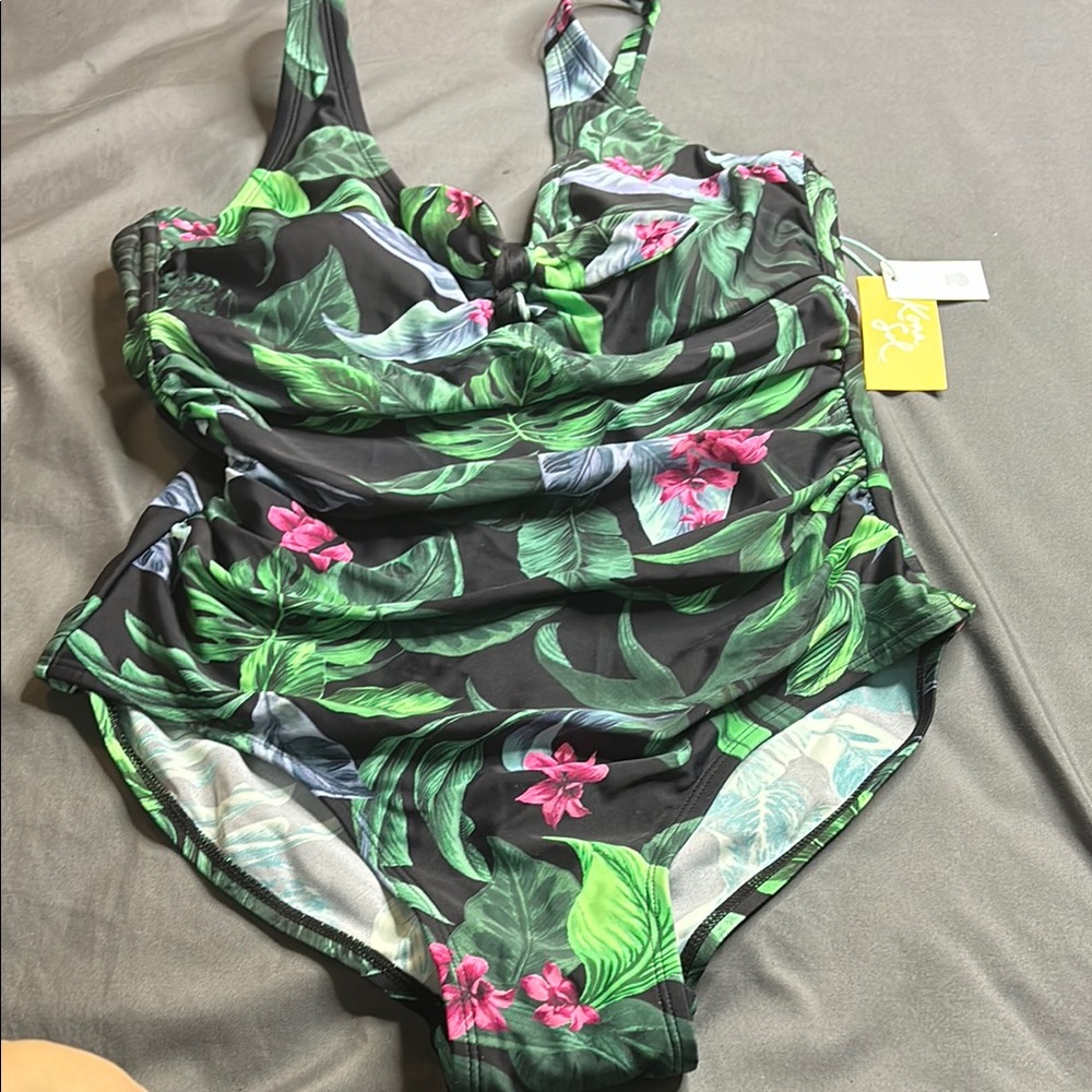 Kona Sol Green and Pink One Piece Swimsuit with Tropical Design